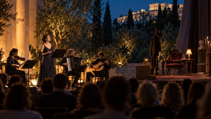 Βραδινή πολιτιστική σκηνή με λυρικό τραγούδι, ακορντεόν, κιθάρα και θεατρικό σκηνικό