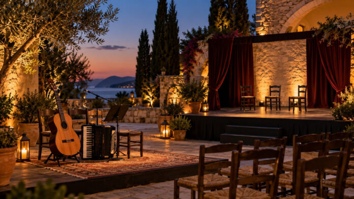 kifisia-menandreia-parastaseis-20260922-1730-1920x1080-1 Υπαίθρια πολιτιστική σκηνή με κιθάρα, ακορντεόν και θεατρικά καθίσματα σε αυλή το σούρουπο