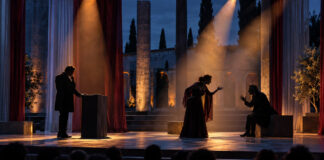 Κηφισιά: «Οι Ρήτορες» στο Αίθριο Δημαρχείου στις 24 Σεπτεμβρίου Θεατρική σκηνή με τρεις ηθοποιούς κάτω από δραματικούς φωτισμούς