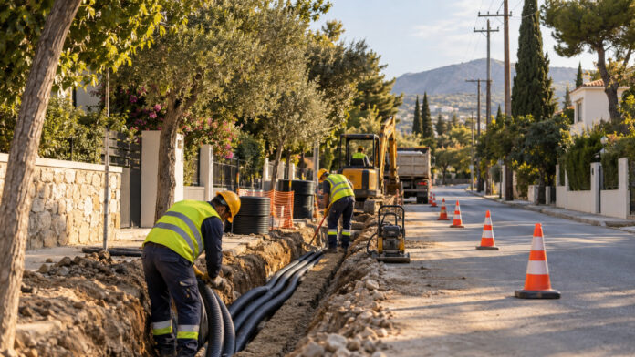 Συνεργείο τοποθετεί υπόγειους αγωγούς ηλεκτρικού δικτύου σε δενδροφυτεμένο αστικό δρόμο