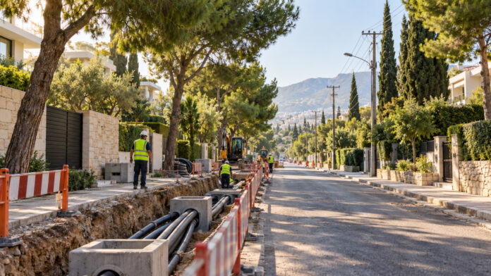Εργασίες εγκατάστασης υπόγειων δικτύων ηλεκτρικής ενέργειας σε δενδροφυτεμένο δρόμο
