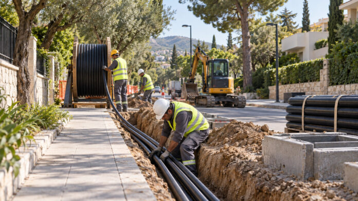 Τεχνικό συνεργείο εγκαθιστά υπόγειο καλώδιο ηλεκτρικής ενέργειας σε αστικό δρόμο