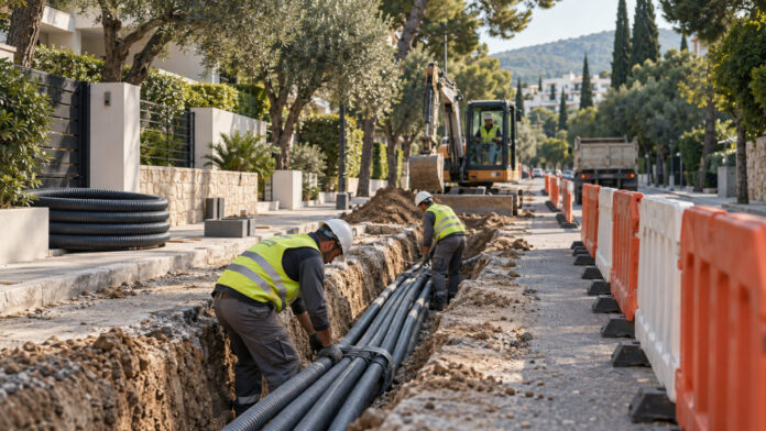 Εργασίες εγκατάστασης υπόγειων καλωδίων σε δενδροφυτεμένο δρόμο