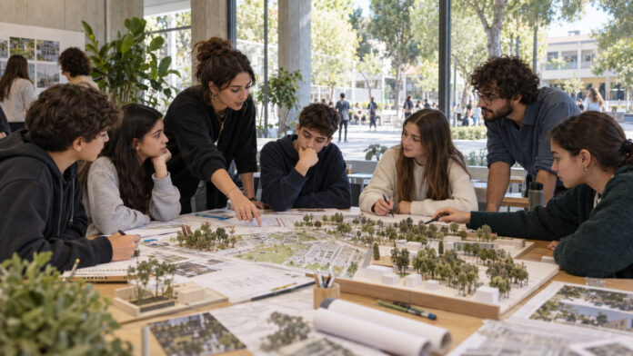 Μαθητές και φοιτητές συνεργάζονται πάνω σε σχέδια και μακέτα βιώσιμου δημόσιου χώρου
