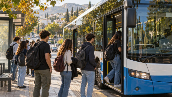Φοιτητές επιβιβάζονται σε λεωφορείο για τη μετακίνησή τους προς πανεπιστημιακές σχολές