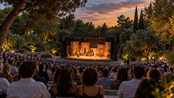 Γεμάτο υπαίθριο θέατρο σε πολιτιστική βραδιά μέσα σε καταπράσινο πάρκο