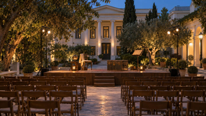 Υπαίθρια θεατρική σκηνή σε φωτισμένο νεοκλασικό αίθριο με βιβλίο και παλιό ταξιδιωτικό μπαούλο