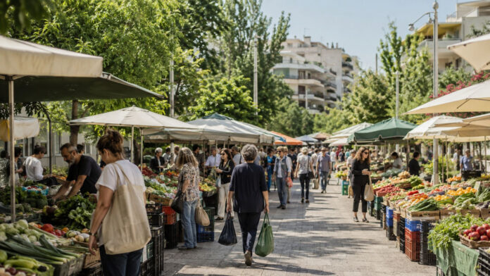 Οργανωμένη λαϊκή αγορά με πάγκους φρέσκων προϊόντων σε γειτονιά των βορείων προαστίων