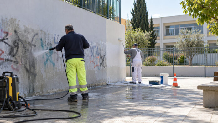 Δημοτικό συνεργείο καθαρίζει και αποκαθιστά εξωτερικό τοίχο σχολικού κτιρίου