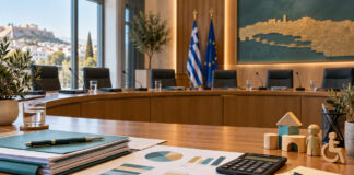 Λυκόβρυση–Πεύκη: Προϋπολογισμός και προσλήψεις στη Δημοτική Επιτροπή Αίθουσα δημοτικής επιτροπής με φακέλους προϋπολογισμού και σύμβολα παιδικής φροντίδας