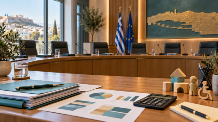 Αίθουσα δημοτικής επιτροπής με φακέλους προϋπολογισμού και σύμβολα παιδικής φροντίδας