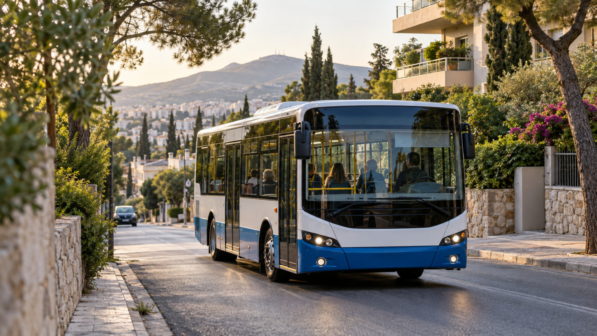 Δημοτικό λεωφορείο κινείται σε δεντροφυτεμένη γειτονιά