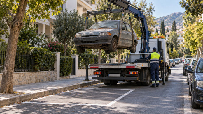 Δημοτικό όχημα απομακρύνει εγκαταλελειμμένο αυτοκίνητο από δρόμο