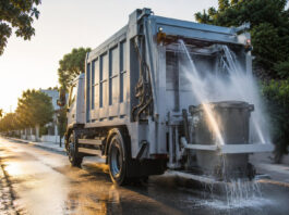 Λυκόβρυση–Πεύκη: Πλύσιμο και απολύμανση κάδων σε όλες τις γειτονιές Ειδικό δημοτικό όχημα πλένει και απολυμαίνει κάδο απορριμμάτων σε δρόμο γειτονιάς
