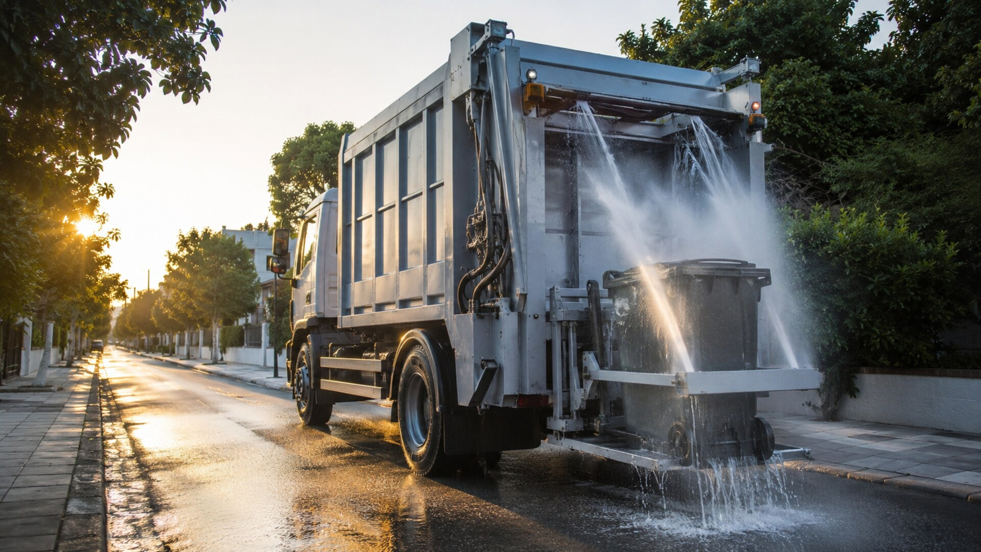 Ειδικό δημοτικό όχημα πλένει και απολυμαίνει κάδο απορριμμάτων σε δρόμο γειτονιάς