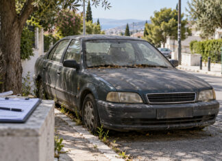 Λυκόβρυση–Πεύκη: Στην Επιτροπή η περισυλλογή εγκαταλελειμμένων οχημάτων Παλιό εγκαταλελειμμένο αυτοκίνητο σε αστικό δρόμο με φάκελο δημοτικού ελέγχου