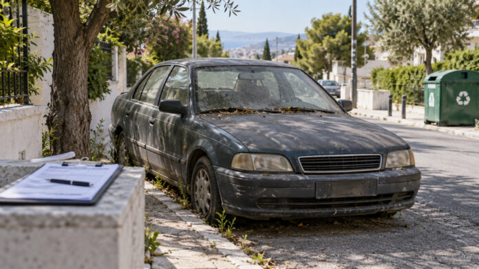 lykovrisi-pefki-egkataleleimmena-ochimata-20260920-1330-1920x1080-1 Παλιό εγκαταλελειμμένο αυτοκίνητο σε αστικό δρόμο με φάκελο δημοτικού ελέγχου