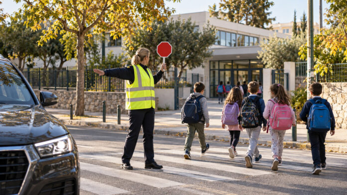 Σχολικός τροχονόμος βοηθά παιδιά να διασχίσουν διάβαση έξω από σχολείο