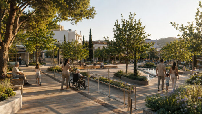 Πράσινη προσβάσιμη αστική πλατεία με ράμπες, καθιστικά και υδάτινα στοιχεία