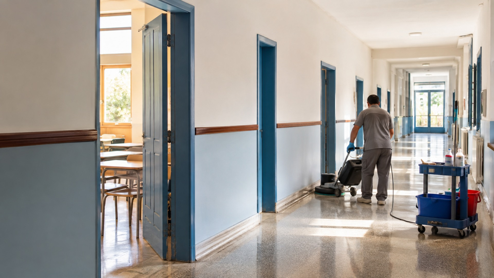 Εργαζόμενος καθαριότητας φροντίζει φωτεινό σχολικό διάδρομο στο Μαρούσι