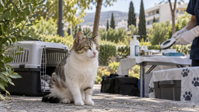 Γάτα δίπλα σε εξοπλισμό κτηνιατρικής φροντίδας σε πράσινη γειτονιά του Αμαρουσίου