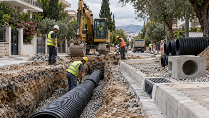 Εργασίες εγκατάστασης αγωγού ομβρίων σε αστική γειτονιά με κατοικίες και δέντρα