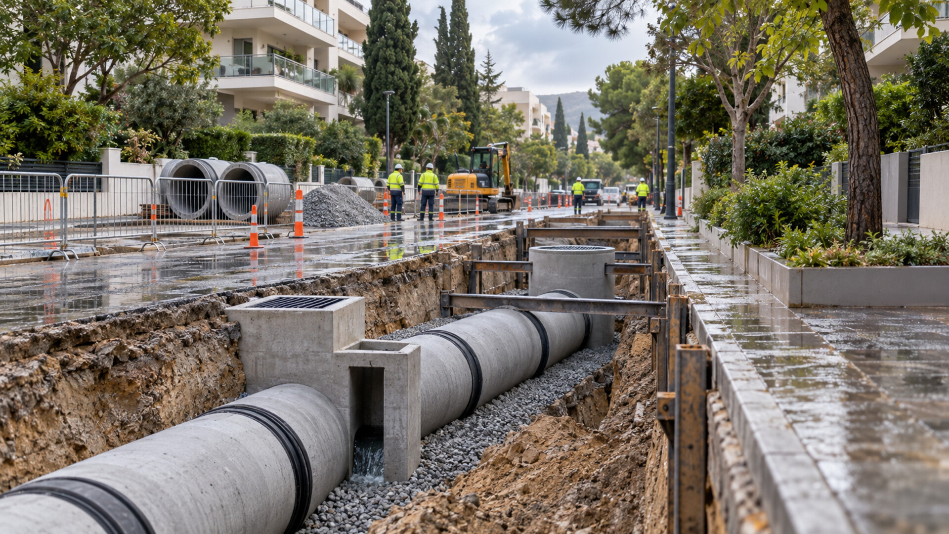 Εργασίες εγκατάστασης αγωγών ομβρίων σε κατοικημένο δρόμο με βρεγμένο οδόστρωμα