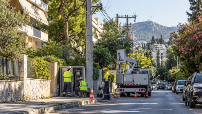 Συνεργείο ηλεκτροδότησης εργάζεται σε αστική γειτονιά του Αμαρουσίου