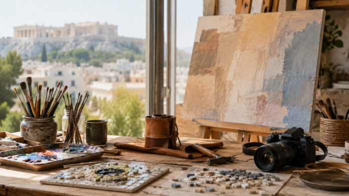 Υλικά ζωγραφικής, ψηφιδωτού και φωτογραφίας σε φωτεινό εργαστήριο τέχνης