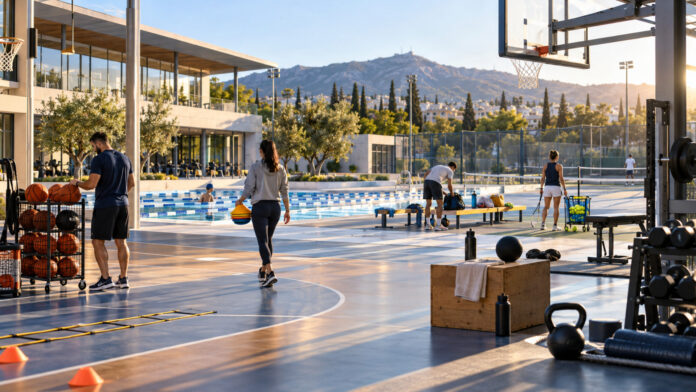 Καθηγητές Φυσικής Αγωγής προετοιμάζουν εξοπλισμό σε σύγχρονο πολυαθλητικό κέντρο