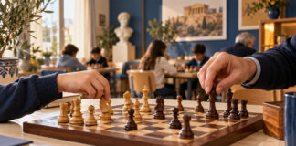 Μαρούσι: Αρχίζει ο νέος κύκλος μαθημάτων σκακιού για παιδιά και ενήλικες Παιδί και ενήλικος παίζουν σκάκι σε φωτεινή αίθουσα μαθημάτων
