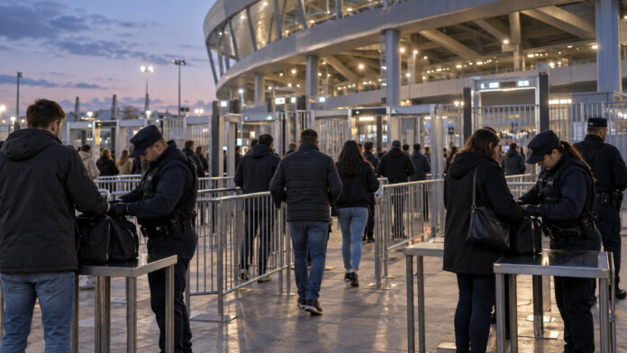 Αστυνομικοί πραγματοποιούν ελέγχους φιλάθλων έξω από μεγάλο στάδιο