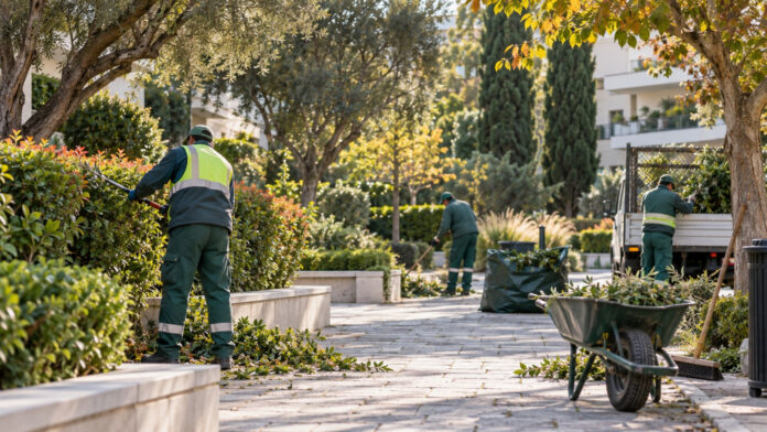 Συνεργείο συντήρησης πρασίνου σε κοινόχρηστο χώρο αστικής γειτονιάς