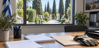 Μαρούσι: Δύο προσλήψεις εργατών κοιμητηρίων μέσω ΣΟΧ 4/2026 Αιτήσεις εργασίας και γάντια σε γραφείο με δενδροφυτεμένο χώρο στο βάθος