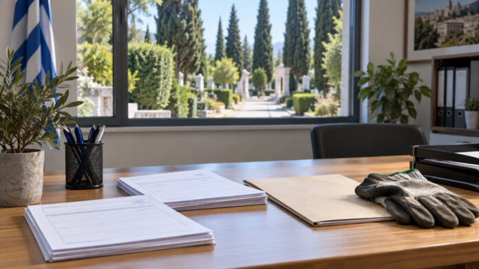 Αιτήσεις εργασίας και γάντια σε γραφείο με δενδροφυτεμένο χώρο στο βάθος