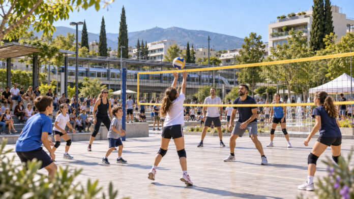 Παιδιά, γονείς και αθλητές παίζουν βόλεϊ σε υπαίθρια πλατεία στο Μαρούσι