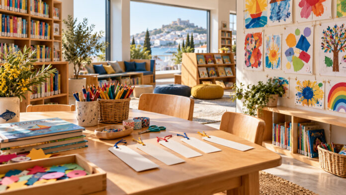 Φωτεινή παιδική βιβλιοθήκη με βιβλία, υλικά δημιουργίας και χειροποίητους σελιδοδείκτες