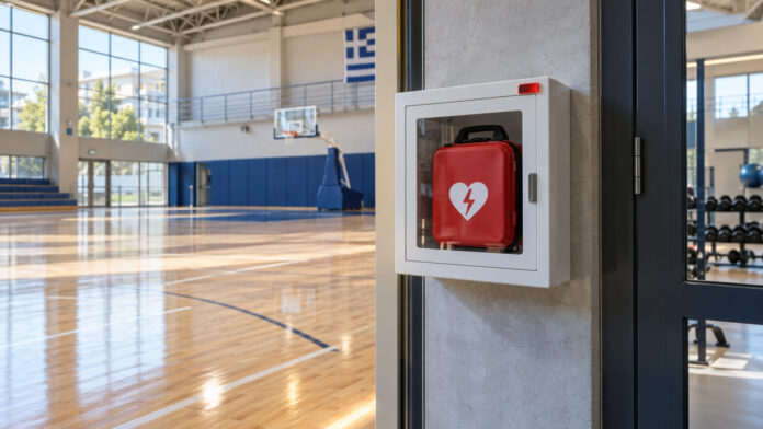 Αυτόματος εξωτερικός απινιδωτής σε καθαρό και σύγχρονο κλειστό γυμναστήριο