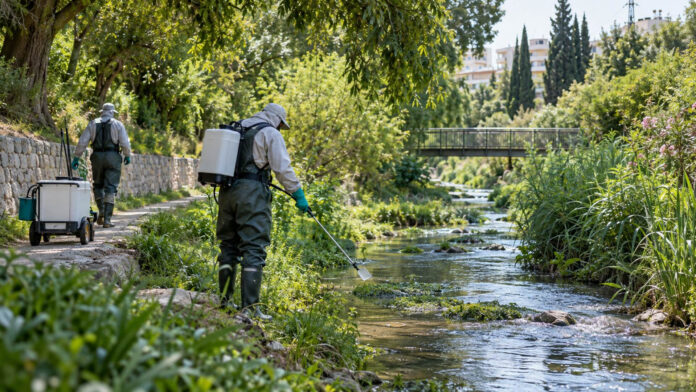 Συνεργείο εφαρμογών κατά των κουνουπιών δίπλα σε αστικό ρέμα