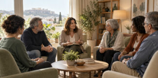 Μεταμόρφωση: Δωρεάν ομάδα στήριξης για φροντιστές ατόμων με άνοια Ομάδα φροντιστών σε υποστηρικτική συνάντηση με επαγγελματία συμβουλευτικής