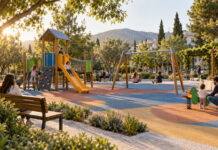 Νέα Ερυθραία: Εγκαίνια της ανακαινισμένης παιδικής χαράς στην πλατεία 28ης Οκτωβρίου Σύγχρονη παιδική χαρά με παιχνίδια, δέντρα και οικογένειες σε γειτονιά