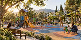 Νέα Ερυθραία: Εγκαίνια της ανακαινισμένης παιδικής χαράς στην πλατεία 28ης Οκτωβρίου Σύγχρονη παιδική χαρά με παιχνίδια, δέντρα και οικογένειες σε γειτονιά