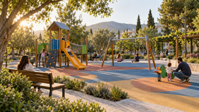 Σύγχρονη παιδική χαρά με παιχνίδια, δέντρα και οικογένειες σε γειτονιά