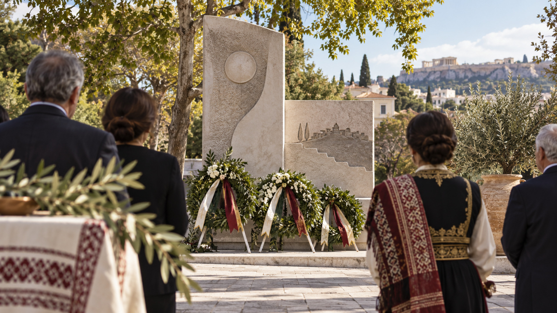 Στεφάνια και πολίτες μπροστά σε πέτρινο μνημείο σε δενδροφυτεμένη πλατεία