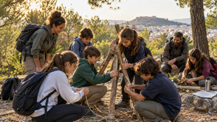 Παιδιά και έφηβοι συνεργάζονται σε υπαίθρια δραστηριότητα δεξιοτήτων στη φύση