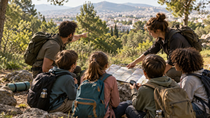Παιδιά και ενήλικοι συνοδοί συμμετέχουν σε δραστηριότητα προσανατολισμού στη φύση