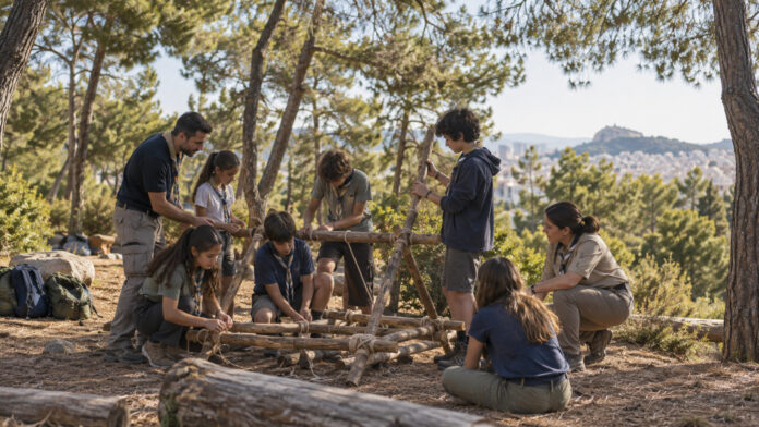 Παιδιά και έφηβοι μαθαίνουν προσκοπικές δεξιότητες μαζί σε χώρο πρασίνου