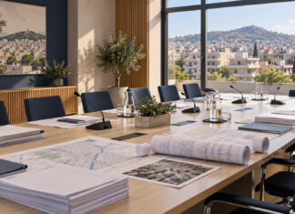 Νέα Ιωνία: Σήμερα η Δημοτική Επιτροπή με 23 θέματα Αίθουσα δημοτικής επιτροπής με μικρόφωνα, φακέλους και σχέδια αστικών έργων