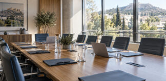 Νέα Ιωνία: 22 θέματα στη Δημοτική Επιτροπή της 22ας Σεπτεμβρίου Αίθουσα συνεδριάσεων με φακέλους και φορητούς υπολογιστές πάνω σε μεγάλο τραπέζι