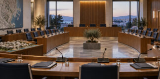 Νέα Ιωνία: 41 θέματα στο Δημοτικό Συμβούλιο της 14ης Σεπτεμβρίου Αίθουσα δημοτικού συμβουλίου με φακέλους ημερήσιας διάταξης και κενές θέσεις